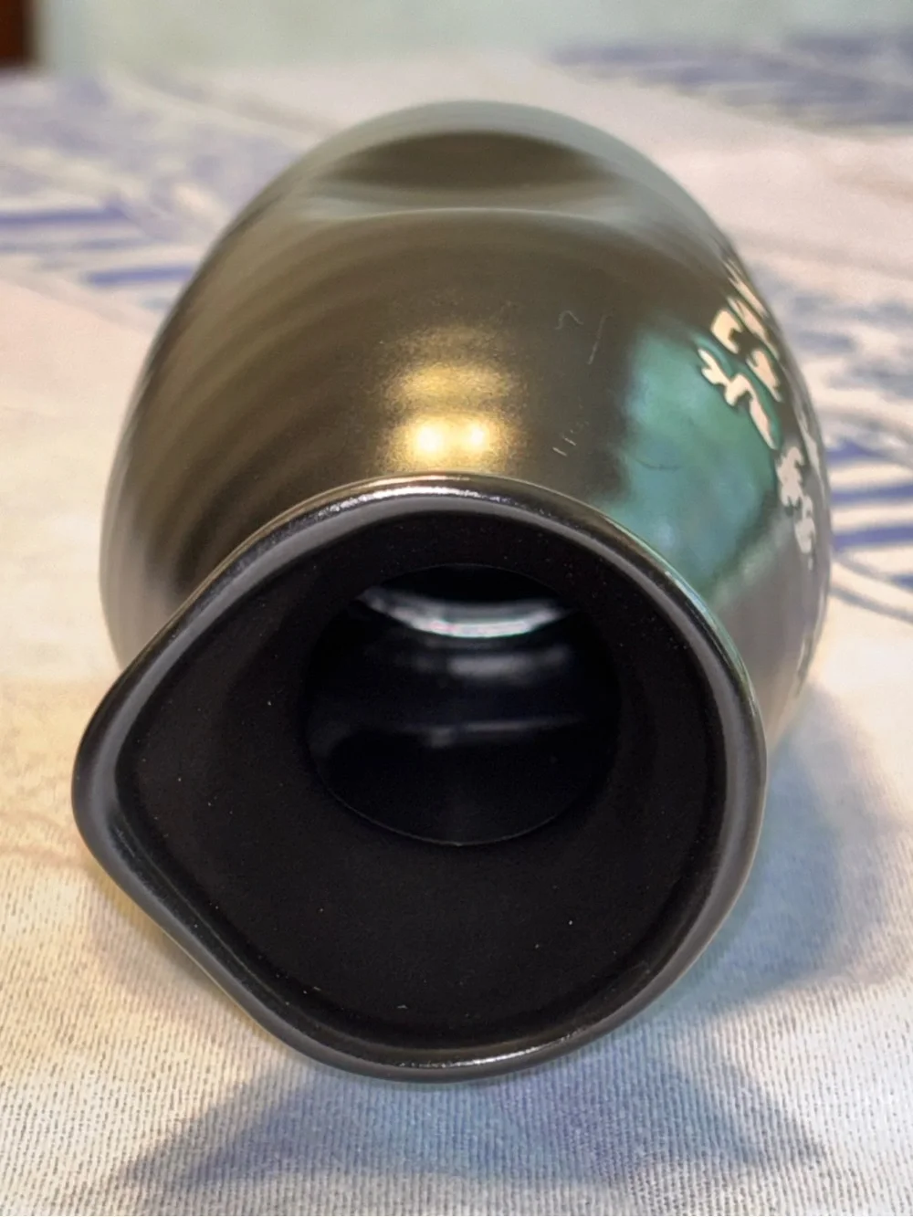 Vintage Asian Black Ceramic Calligraphy Bottle Vase Raised Script Red Seal 6.5”